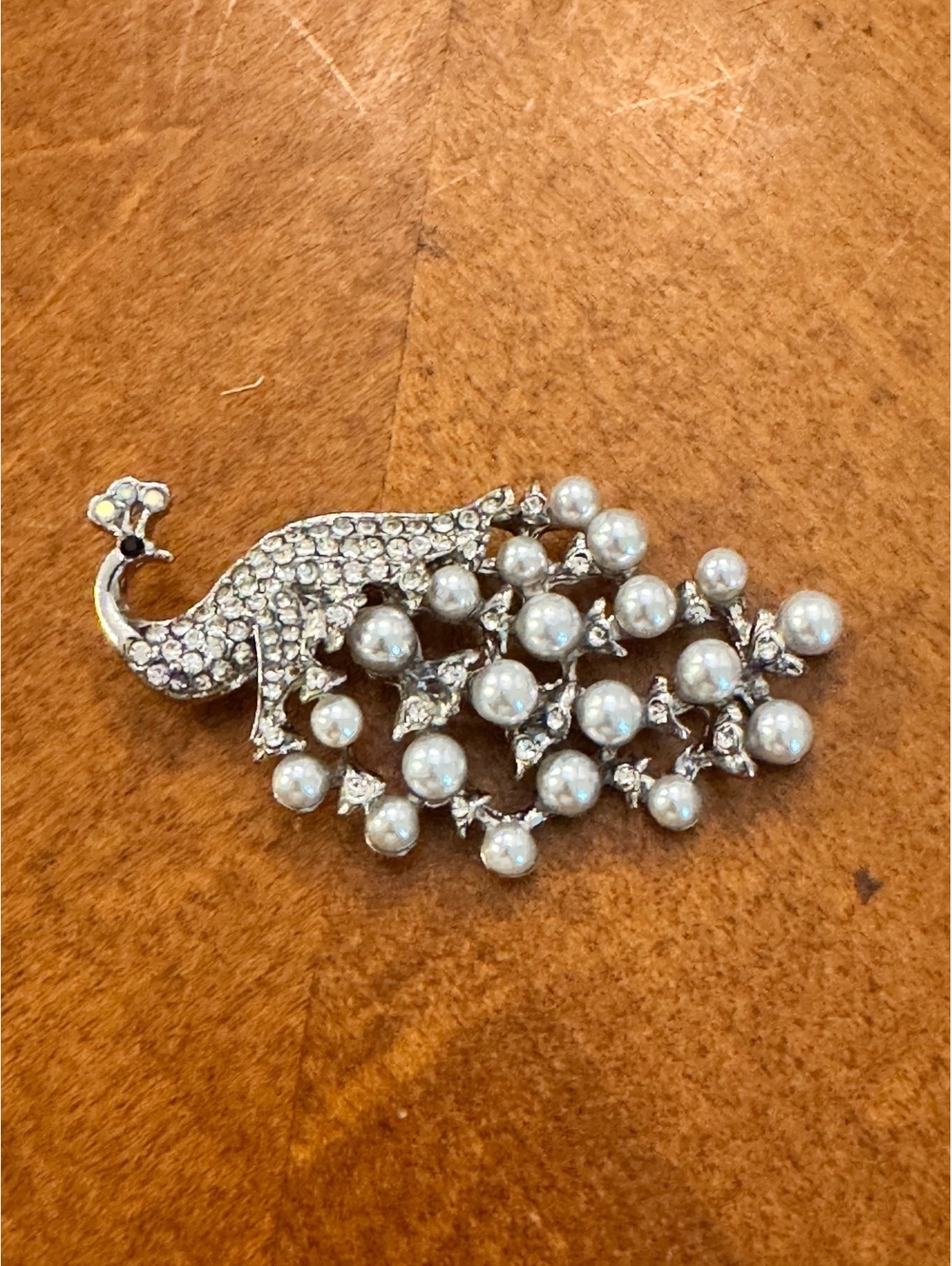 Elegant Silver Tone Peacock Brooch with Faux Pearls and Rhinestones 653